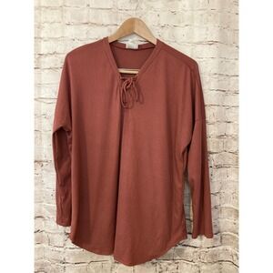 P & Rose Top Womens Large Dark Mauve Pink Ribbed Lace Up Stretch Boho Hippie